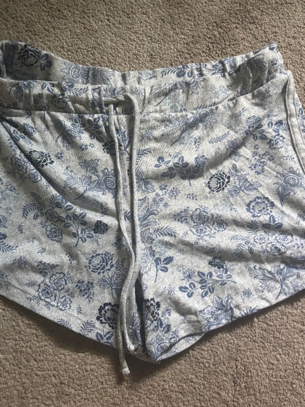 chinoiserie grey blue floral lounge shorts comfy retro preppy aesthetic